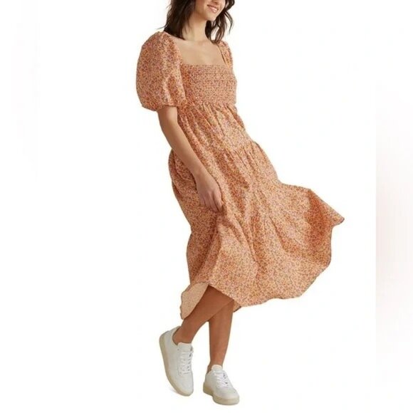 MinkPink Womens L Orange Multicolor Ditzy Floral Peasant Midi Dress - Picture 1 of 11